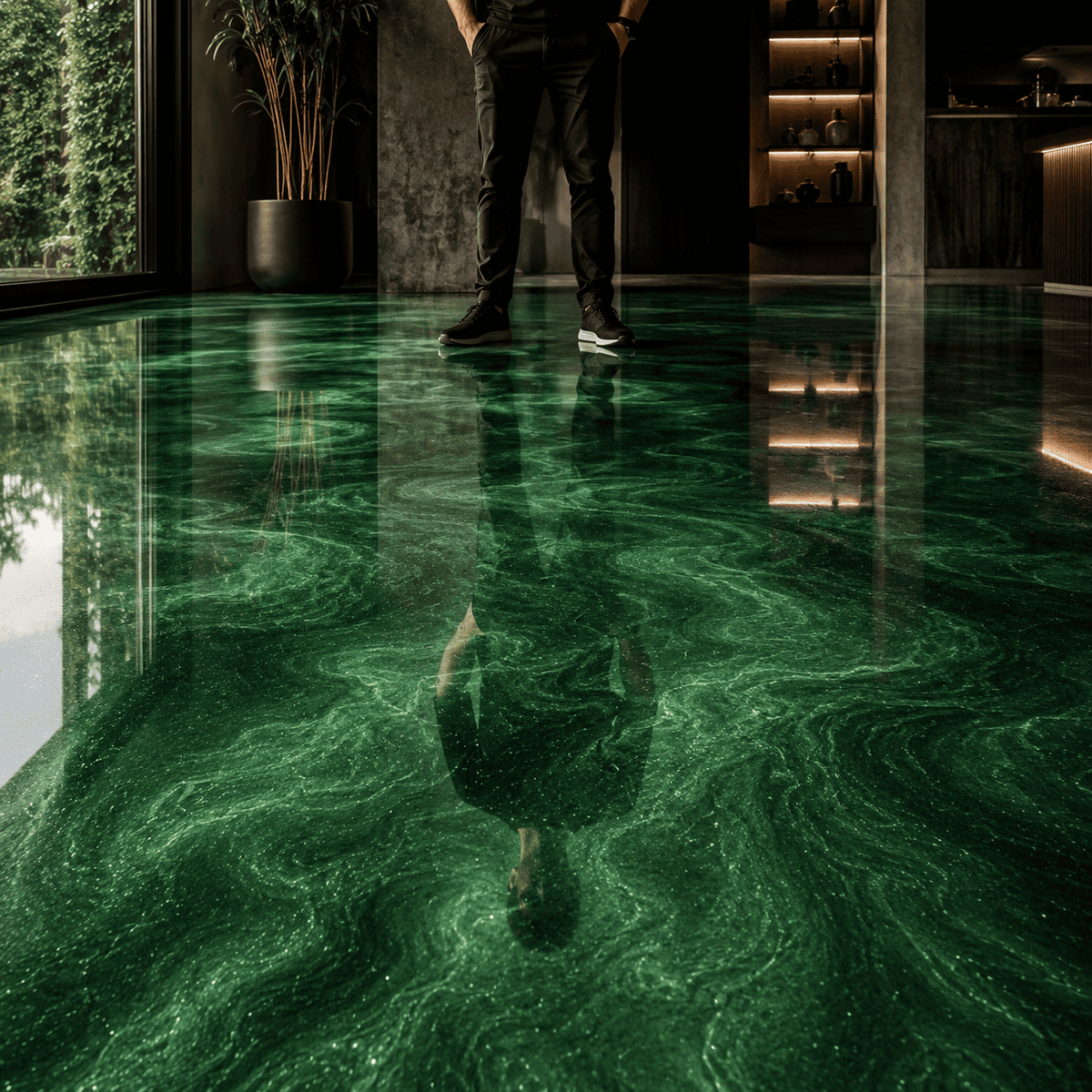 Mighty Jungle UV Metallic-Epoxidharz-Boden mit intensiver Smaragdgrün-Optik, luxuriöser Marmorstruktur, brillantem Perleffekt, hochglänzender Oberfläche und beeindruckender Spiegelreflexion – präsentiert im modernen Innenraum mit außergewöhnlicher Tiefenwirkung.