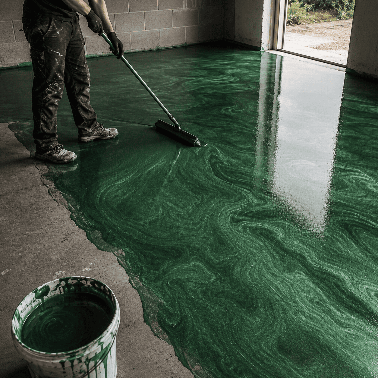 Ein Mann streicht einen Beton Boden in grüner Farbe mit einem Farbroller