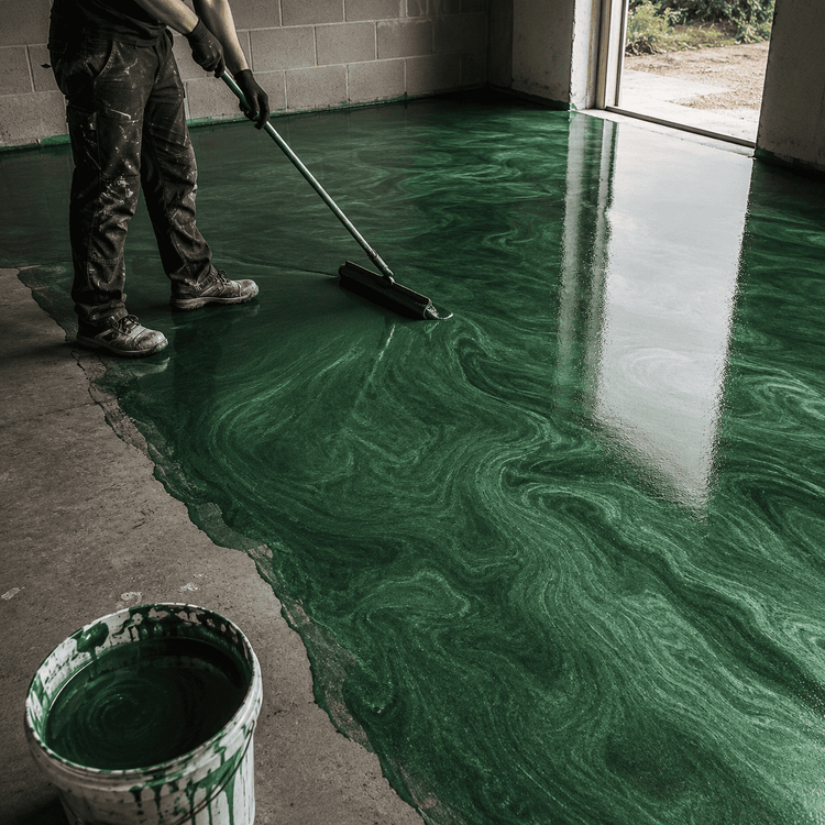 Ein Mann streicht einen Beton Boden in grüner Farbe mit einem Farbroller