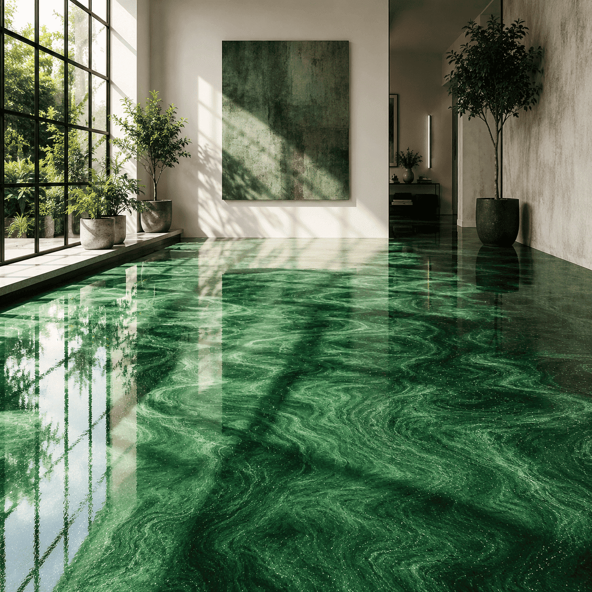 Mighty Jungle UV Metallic-Epoxidharz-Boden mit intensiver Smaragdgrün-Optik, luxuriöser Marmorstruktur, brillantem Perleffekt, hochglänzender Oberfläche und beeindruckender Spiegelreflexion im exklusiven modernen Wohnbereich.