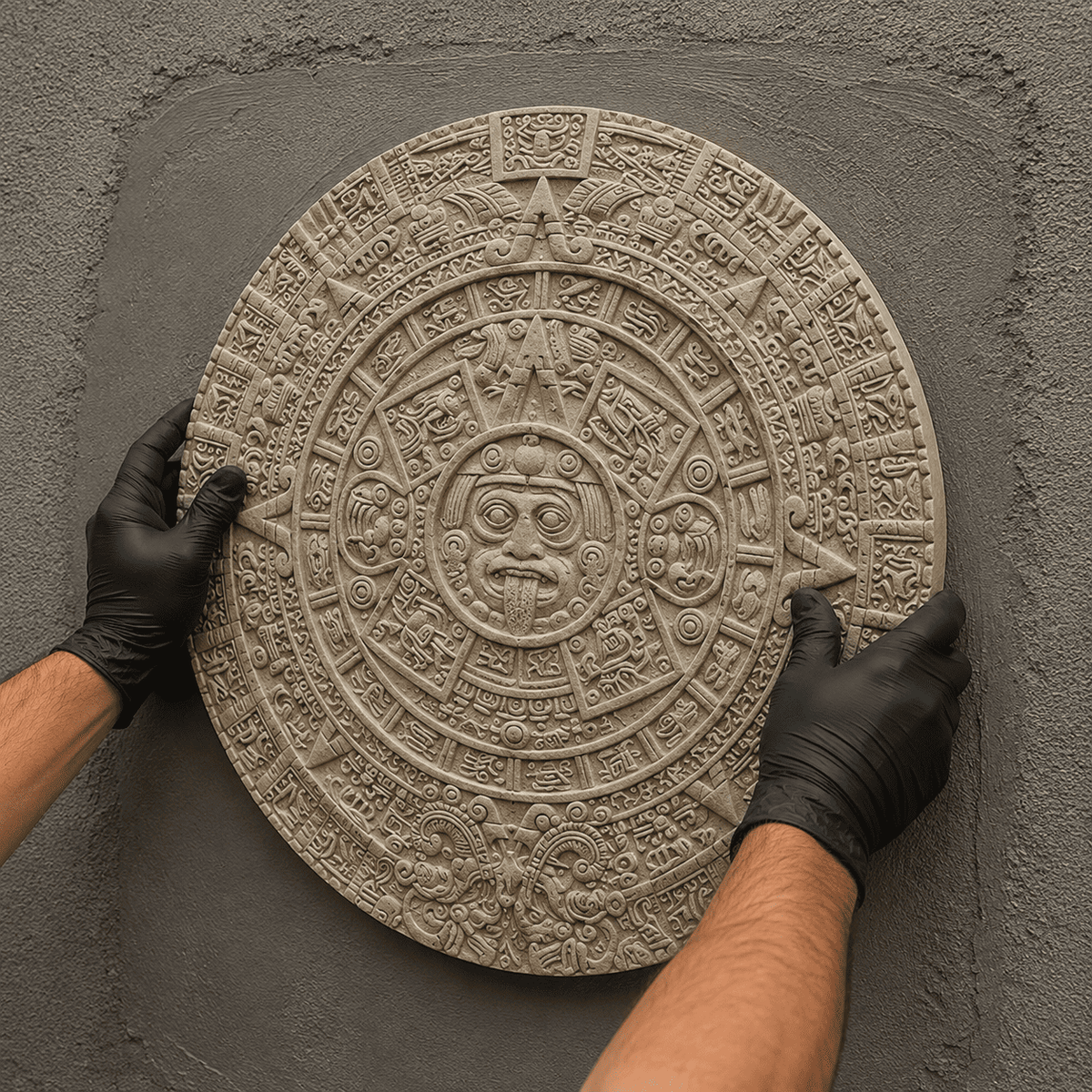 Concrafts Relieftechnik beim Anbringen eines detailreichen Aztekenreliefs auf einer mit Modelliermörtel vorbereiteten Wandfläche.