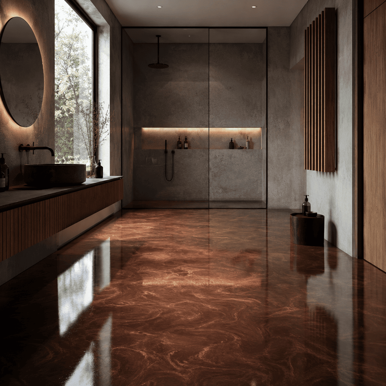 Badezimmer mit einem braunen Boden