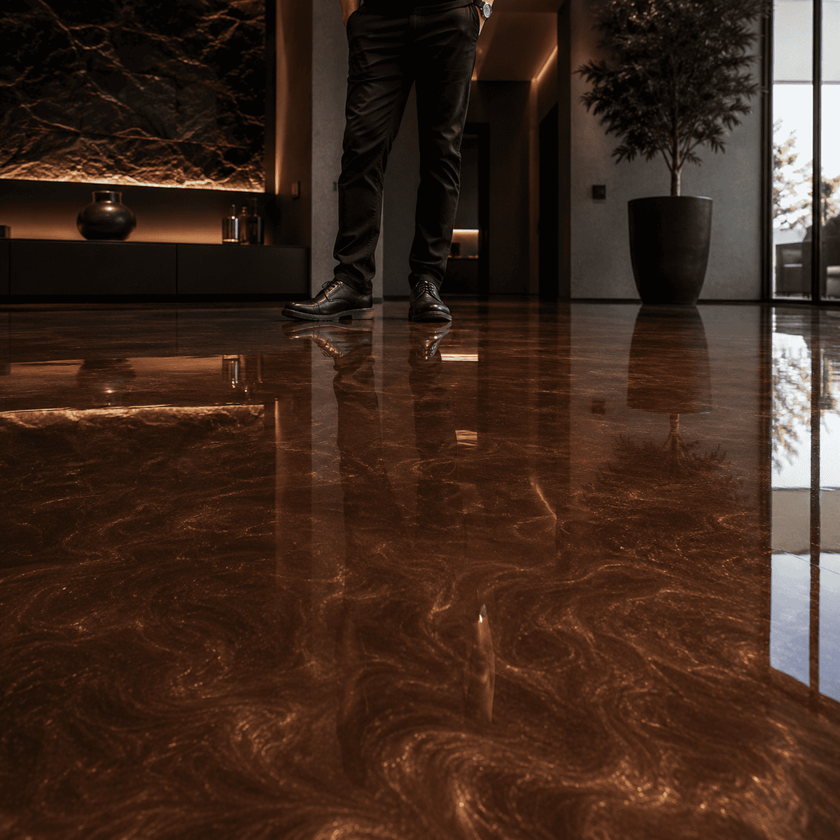 Mud Brown UV Metallic-Epoxidharz-Boden mit warmer Naturstein-Optik, luxuriöser Marmorstruktur, edlem Perleffekt, hochglänzender Oberfläche und beeindruckender Spiegelreflexion im exklusiven modernen Innenraum.