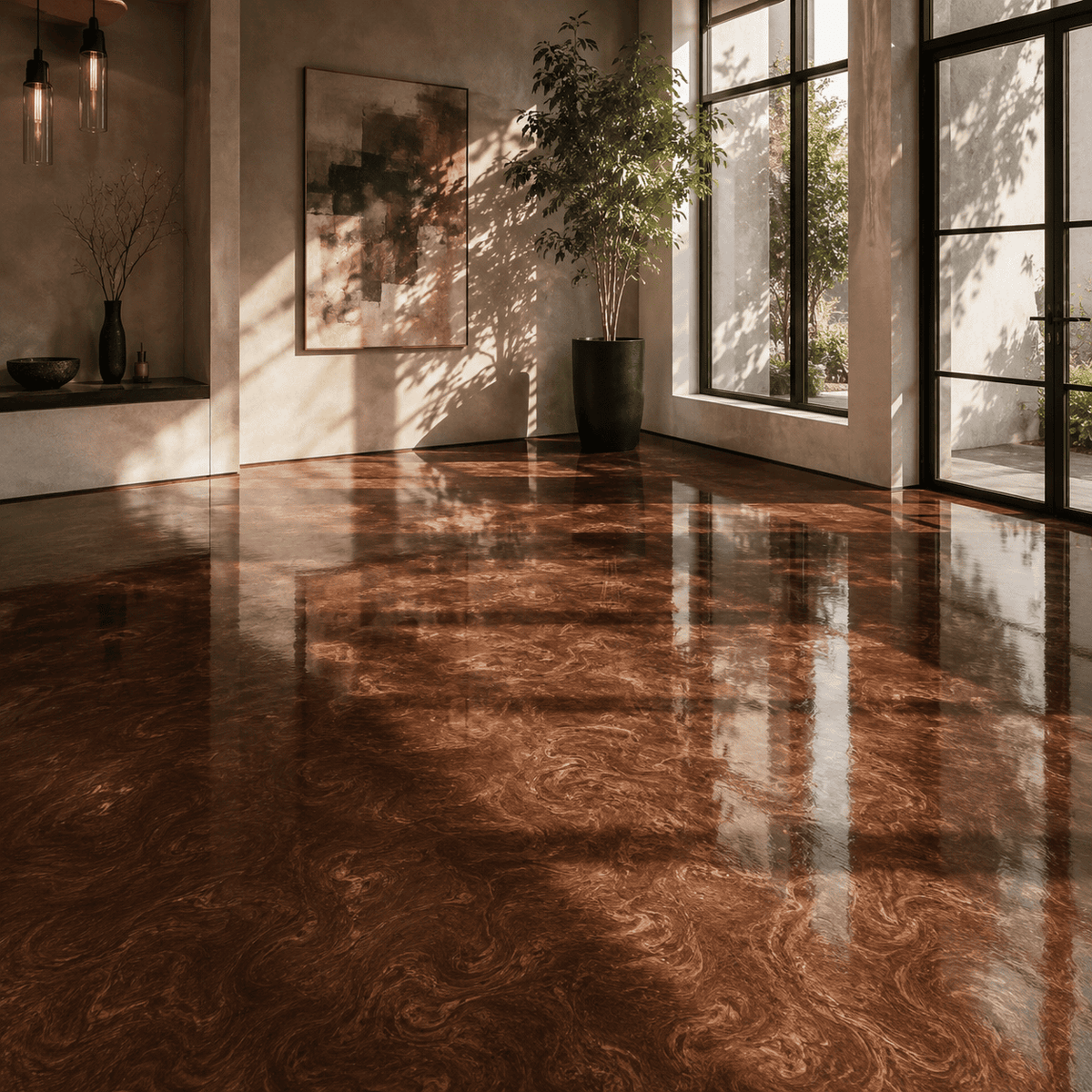 Mud Brown UV Metallic-Epoxidharz-Boden mit warmer Naturstein-Optik, luxuriöser Marmorstruktur, edlem Perleffekt, hochglänzender Oberfläche und beeindruckender Spiegelreflexion im stilvollen modernen Wohnbereich.