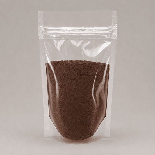 Braunes Pulver in durchsichtiger Plastik Verpackung