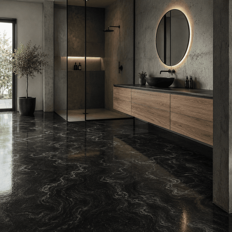 Schwarzes Badezimmer mit Dusche