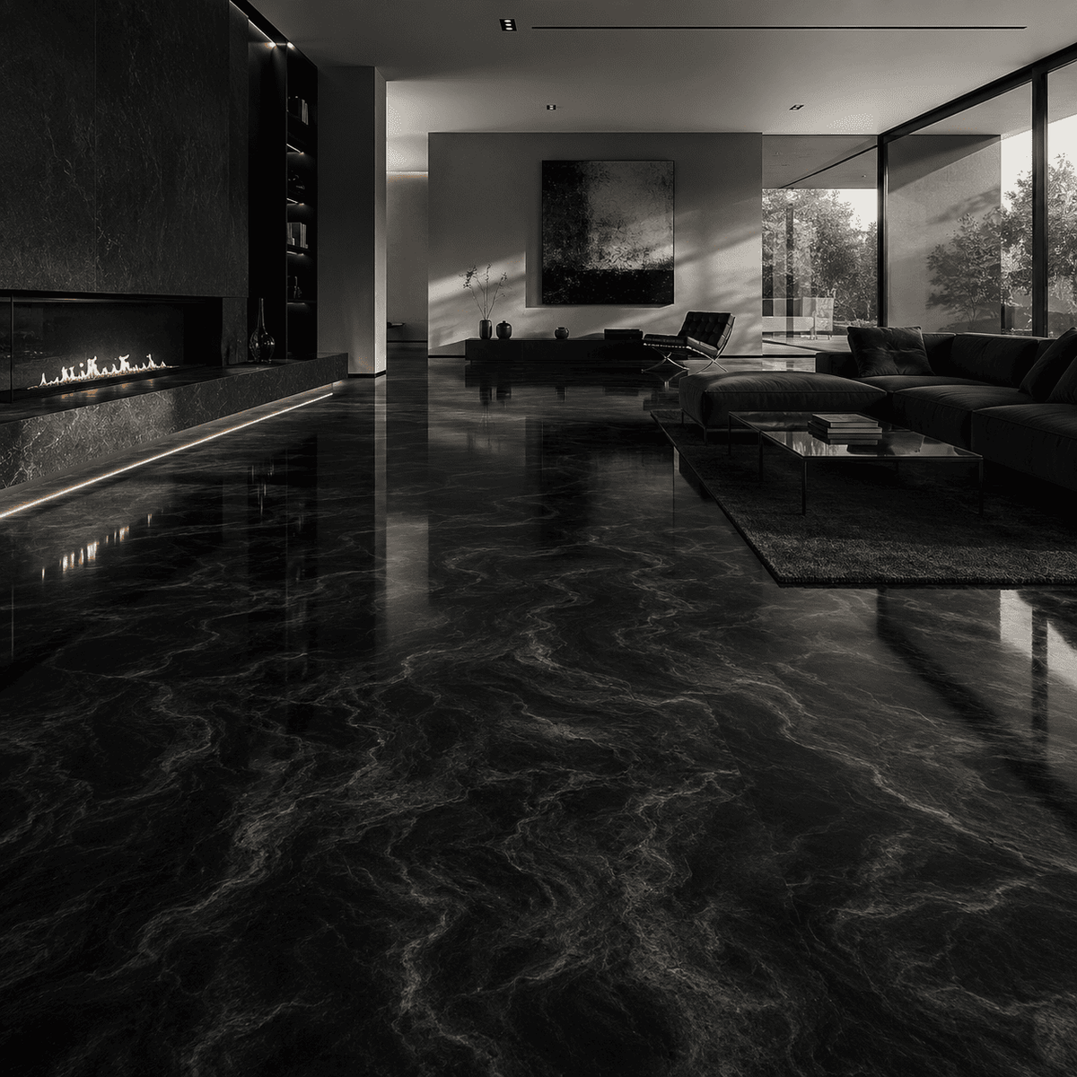 Schwarzer Metallic-Epoxidharz-Boden im luxuriösen Wohnzimmer mit Marmorstruktur