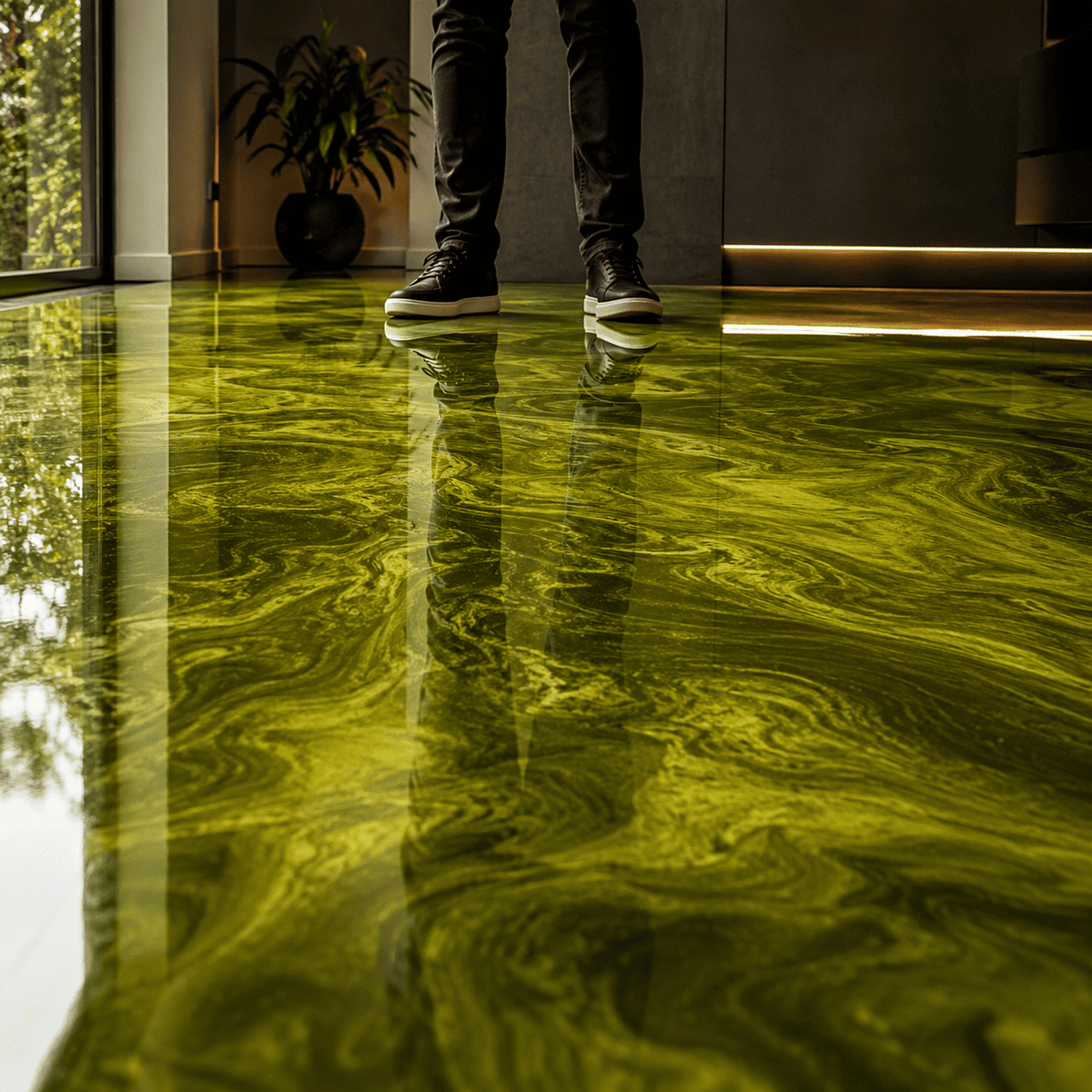 Olivegrüner Metallic-Epoxidharz-Boden mit hochglänzender Marmorstruktur