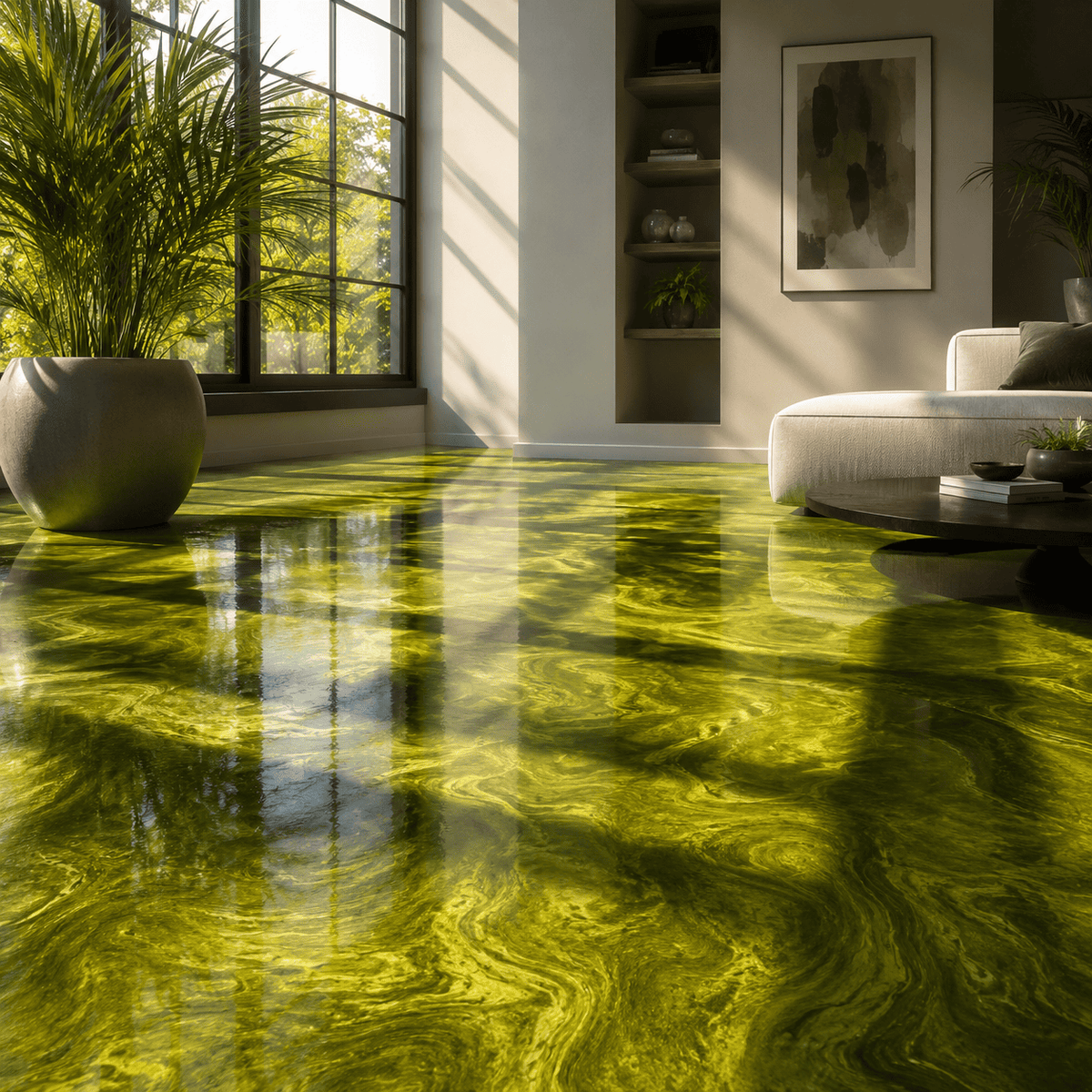 Olivegrüner Metallic-Epoxidharz-Boden im Wohnbereich mit glänzender Marmorstruktur