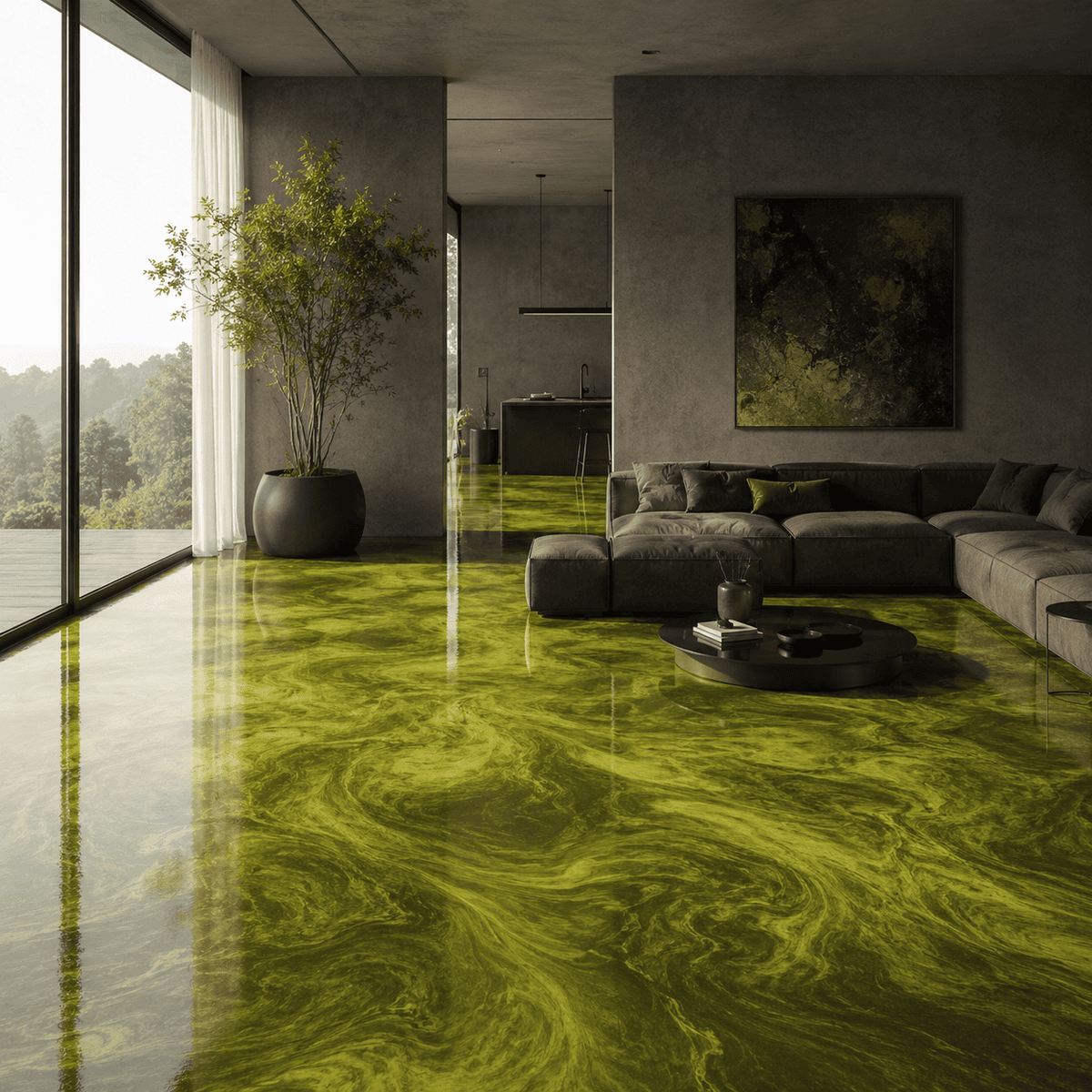 Olivegrüner Metallic-Epoxidharz-Boden im modernen Wohnzimmer mit Marmorstruktur