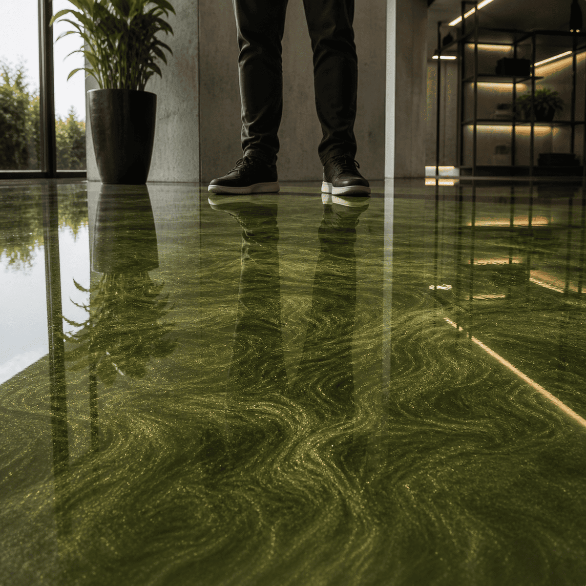 Olivia Green UV Metallic-Epoxidharz-Boden mit edler Olivgrün-Optik, luxuriöser Marmorstruktur, brillantem Perleffekt, hochglänzender Oberfläche und beeindruckender Spiegelreflexion – präsentiert im modernen Innenraum mit außergewöhnlicher Tiefenwirkung.