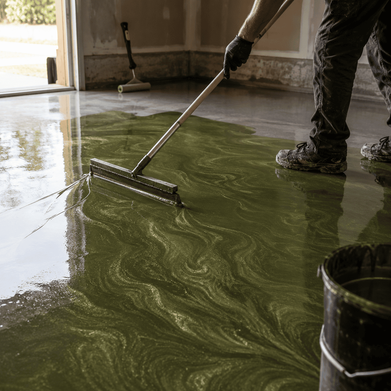 Ein Mann streicht einen Boden in olivegrüner Farbe mit einem Farbroller