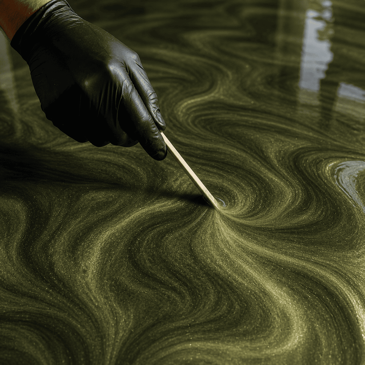 Olivia Green UV Metallic-Epoxidharz wird mit einem Holzspatel zu einer luxuriösen Marmorstruktur mit brillantem Perleffekt, edlem Olivgrün-Schimmer und faszinierender Tiefenwirkung gestaltet.
