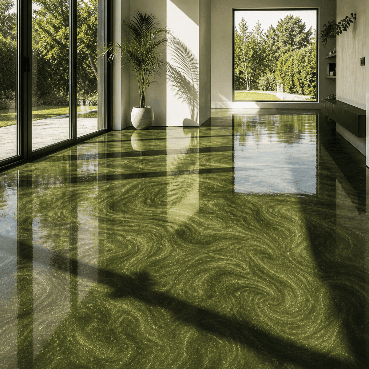 Olivia Green UV Metallic-Epoxidharz-Boden mit edler Olivgrün-Optik, luxuriöser Marmorstruktur, brillantem Perleffekt, hochglänzender Oberfläche und beeindruckender Spiegelreflexion im lichtdurchfluteten modernen Wohnbereich.