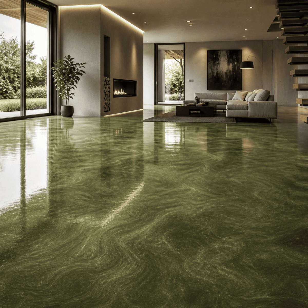 Olivia Green UV Metallic-Epoxidharz-Boden mit edler Olivgrün-Optik, luxuriöser Marmorstruktur, brillantem Perleffekt, hochglänzender Oberfläche und beeindruckender Spiegelreflexion im exklusiven modernen Wohnbereich.