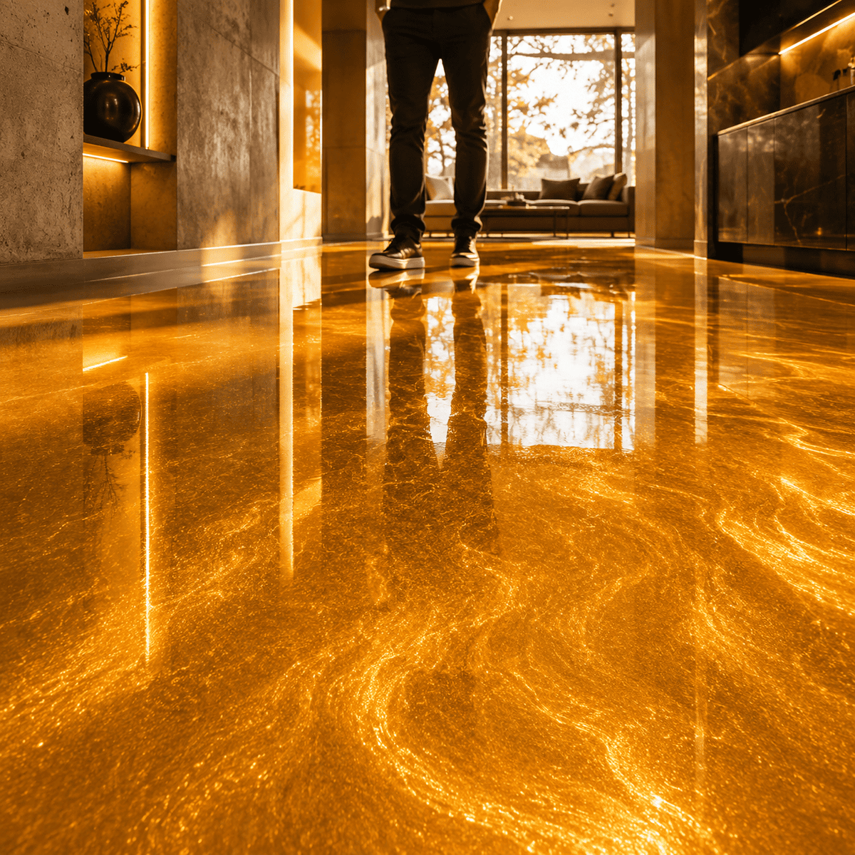 Olympic-Gold Metallic-Epoxidharz-Boden mit leuchtendem Goldschimmer, dynamischer Marmorstruktur und hochglänzender Spiegelwirkung im modernen Innenraum.