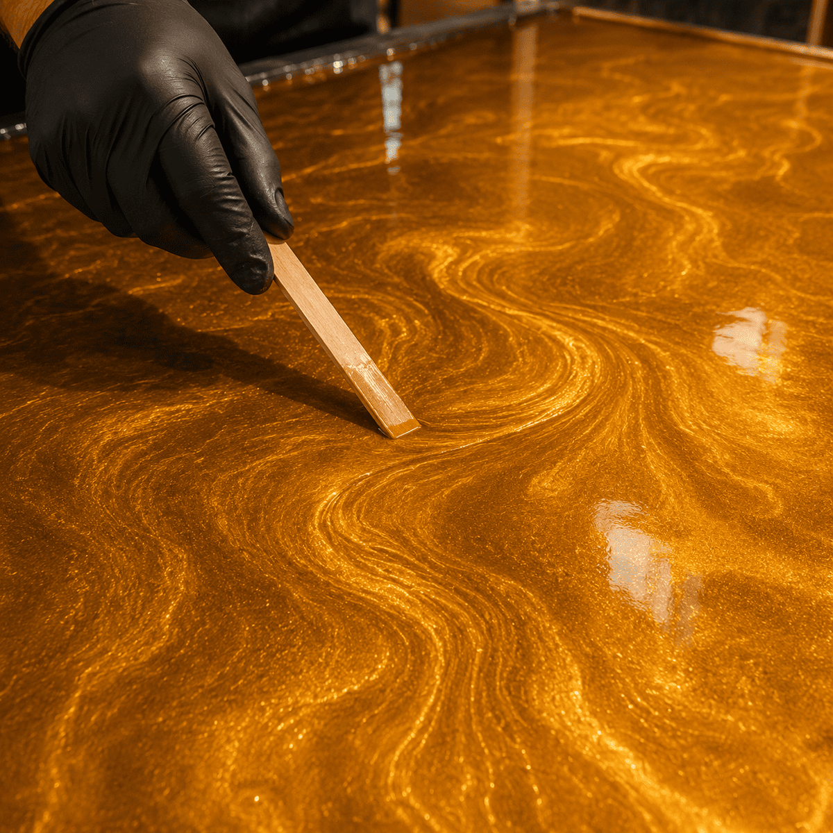 Olympic-Gold Metallic-Epoxidharz wird mit einem Holzspatel zu einer luxuriösen Marmorstruktur mit intensivem Goldschimmer und faszinierender Tiefenwirkung gestaltet.