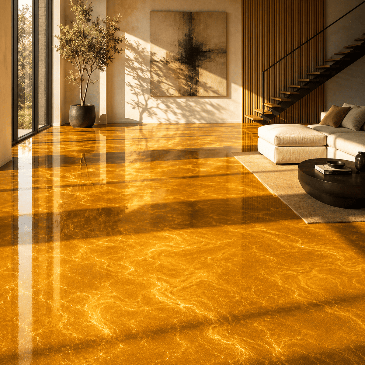 Olympic-Gold Metallic-Epoxidharz-Boden mit luxuriöser Marmorstruktur, intensivem Goldschimmer, hochglänzender Oberfläche und beeindruckender Spiegelreflexion im modernen Wohnbereich.