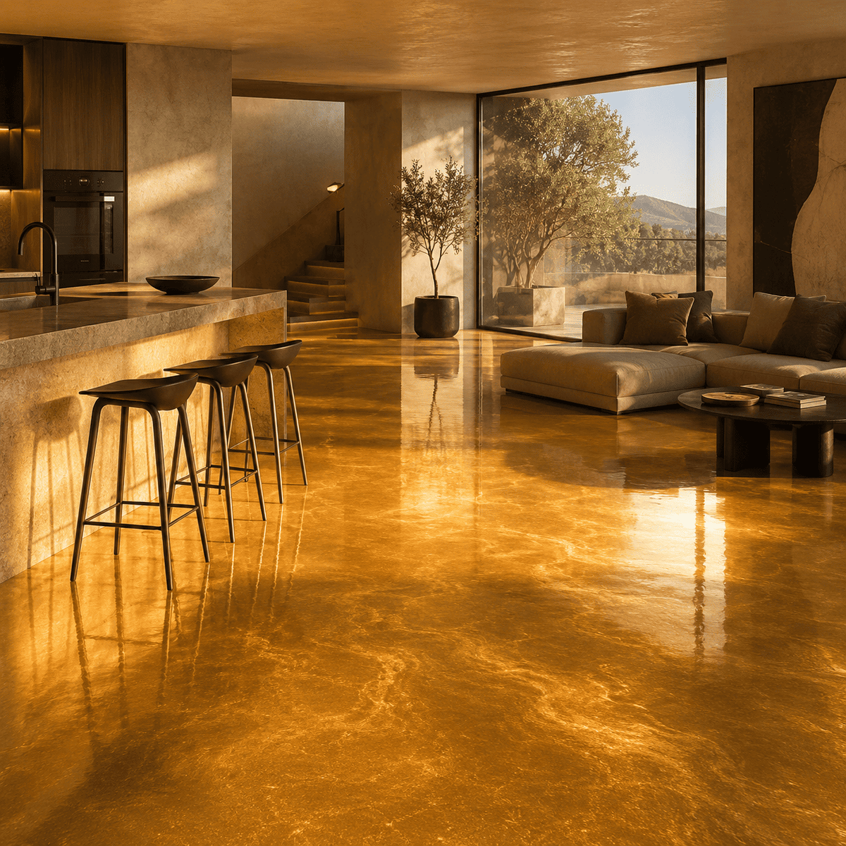 Olympic-Gold Metallic-Epoxidharz-Boden mit luxuriöser Marmorstruktur, intensivem Goldschimmer, hochglänzender Oberfläche und beeindruckender Spiegelreflexion im modernen Wohn- und Küchenbereich.