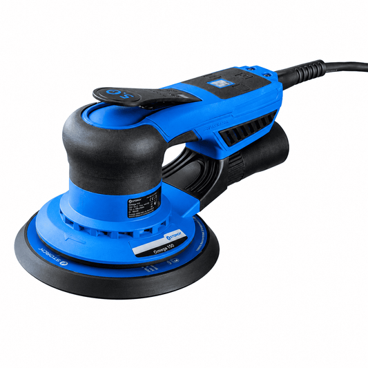 Eine blaue Schleifmaschine auf weißem Hintergrund