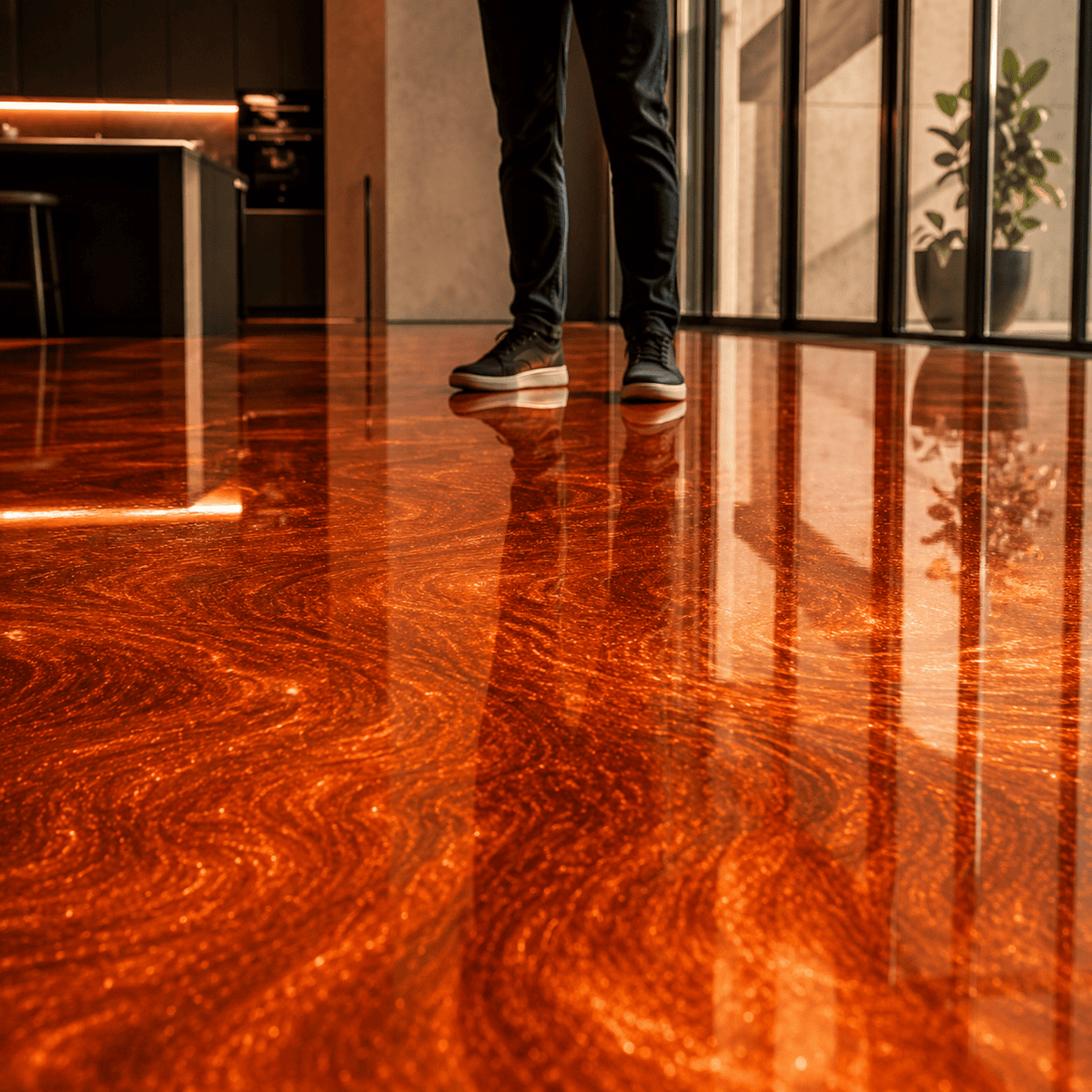 Leuchtend orangefarbener Metallic-Epoxidharz-Boden mit intensiver Marmorstruktur, brillantem Perlglanz, hochglänzender Oberfläche und klarer Spiegelreflexion im modernen Innenraum.