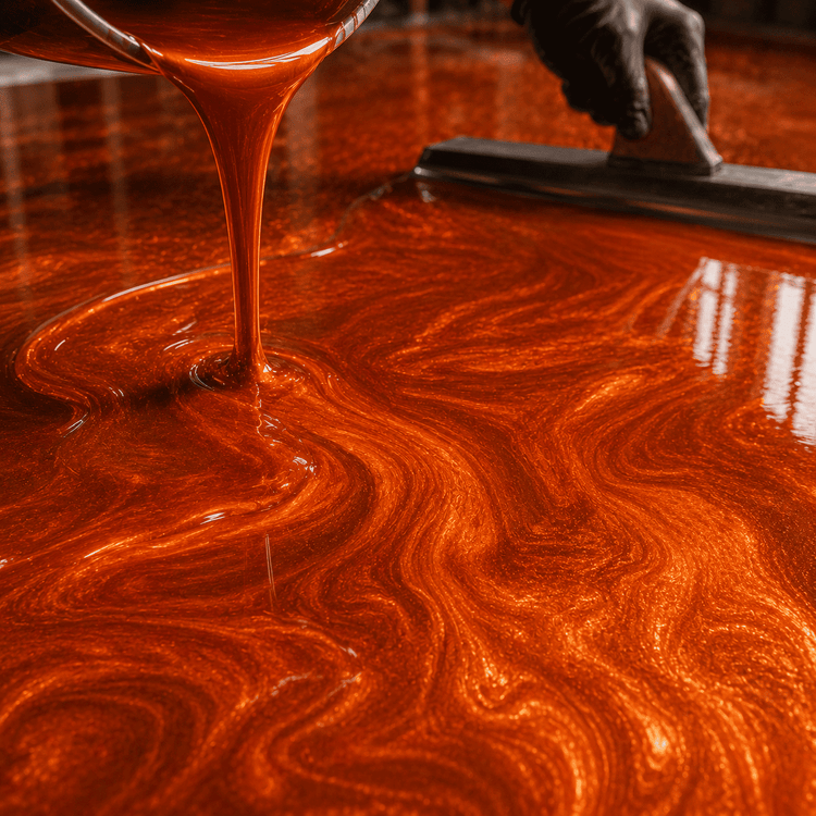 Orangenes gefärbtes Harz wird aus einem Eimer auf den Boden gegossen