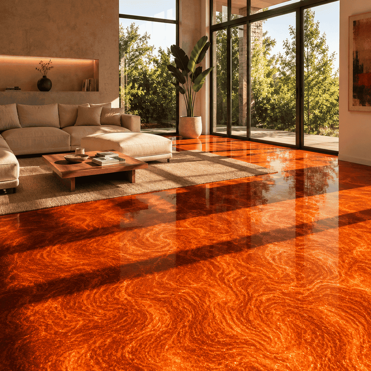 Leuchtend orangefarbener Metallic-Epoxidharz-Boden mit intensiver Marmorstruktur, strahlendem Perlglanz, hochglänzender Oberfläche und beeindruckender Spiegelreflexion im modernen Wohnbereich.