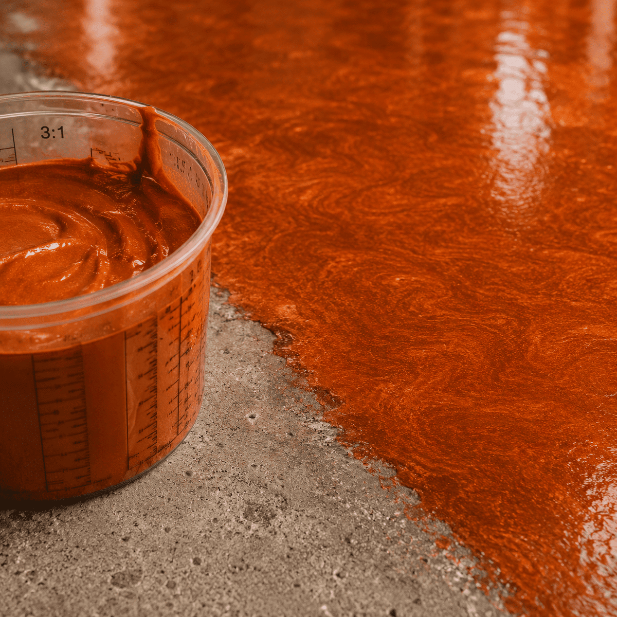 Leuchtend orangefarbenes Metallic-Epoxidharz im Mischbecher neben einer frisch beschichteten Betonfläche mit intensivem Perlglanz und eleganter Marmorstruktur.