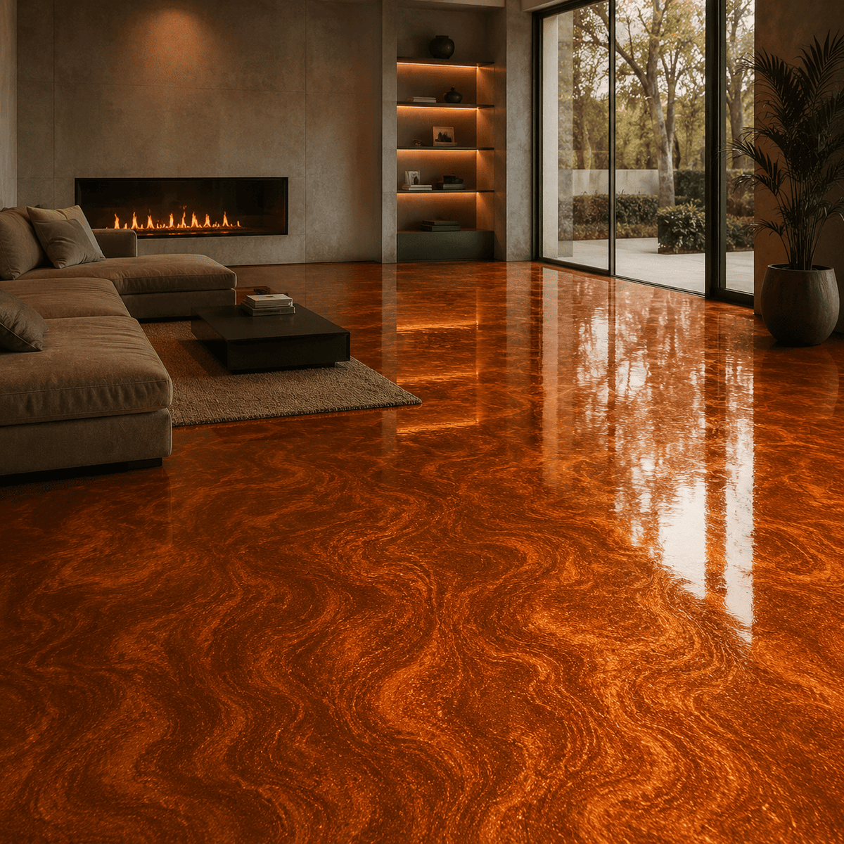 Leuchtend orangefarbener Metallic-Epoxidharz-Boden mit intensiver Marmorstruktur, warmem Perlglanz, hochglänzender Oberfläche und beeindruckender Spiegelreflexion im modernen Wohnbereich.