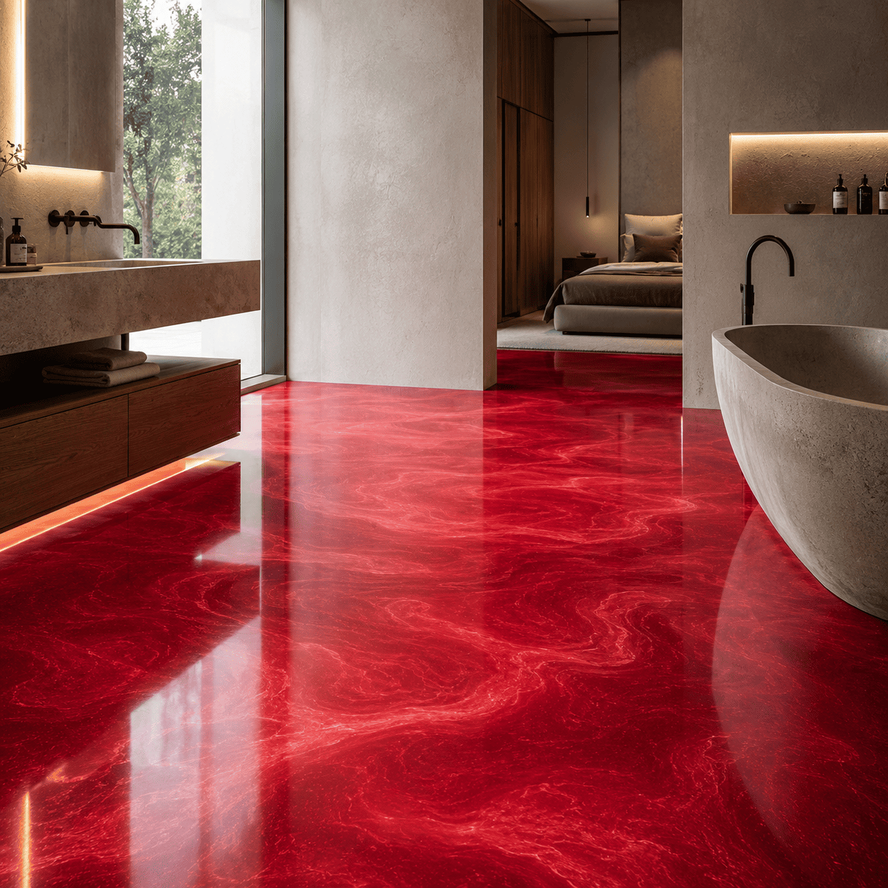 Pfirsich farbiges Badezimmer mit Dusche