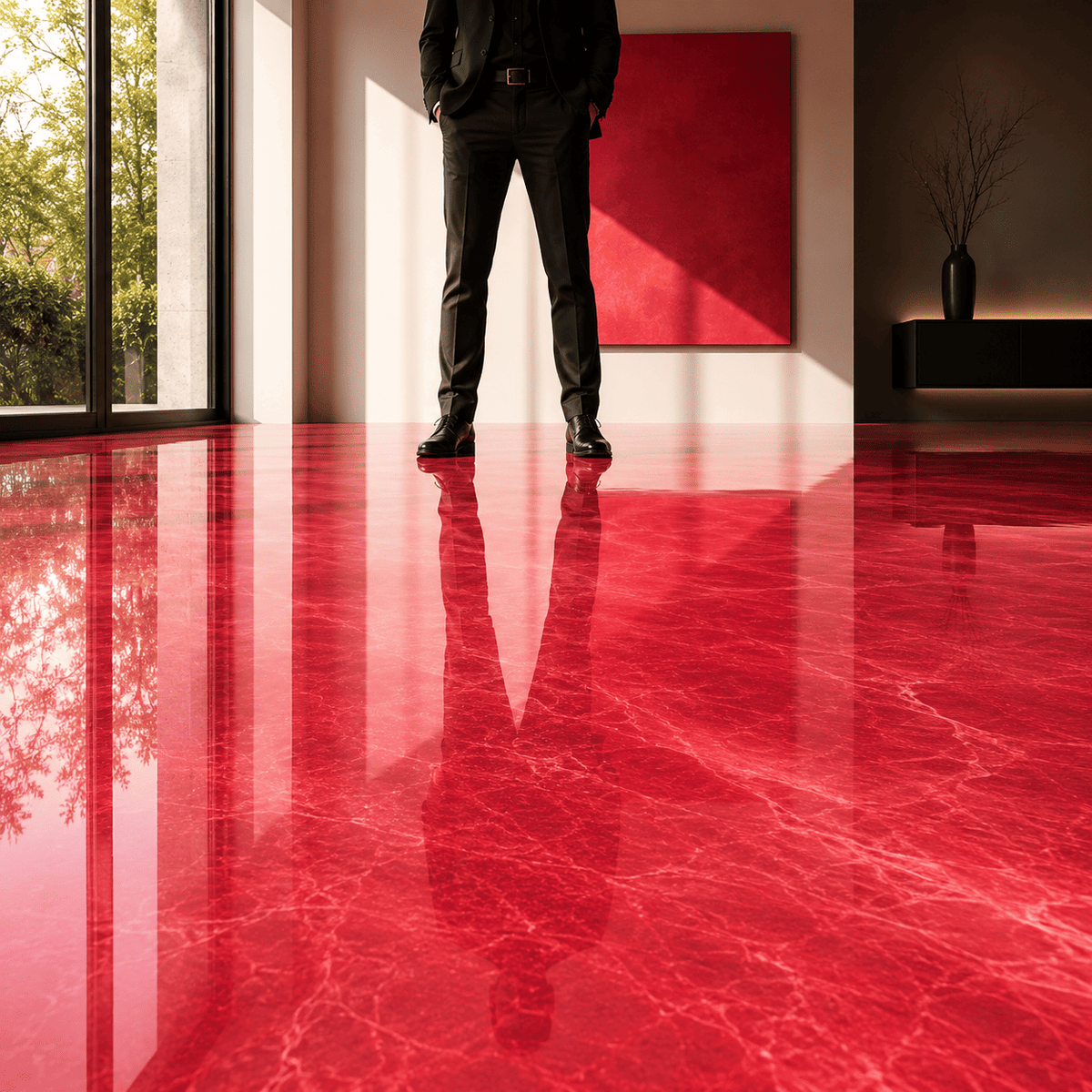 Peach-roter Metallic-Epoxidharz-Boden mit luxuriöser Marmorstruktur, brillantem Perleffekt, hochglänzender Oberfläche und beeindruckender Spiegelreflexion im modernen Innenraum.