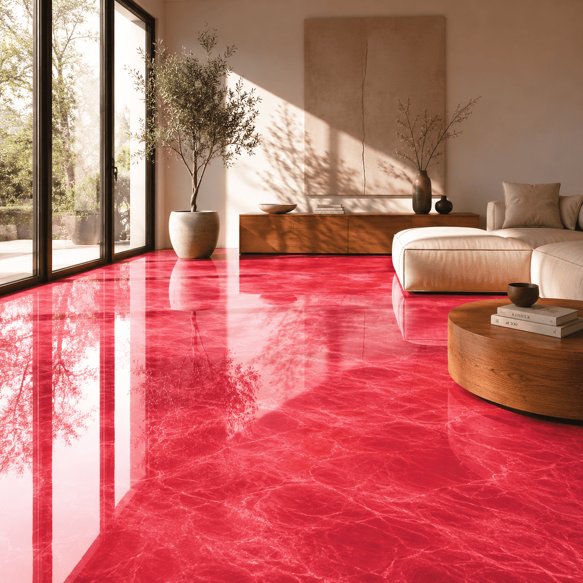 Peach-roter Metallic-Epoxidharz-Boden mit luxuriöser Marmorstruktur, brillantem Perleffekt, hochglänzender Oberfläche und beeindruckender Spiegelreflexion im modernen Wohnbereich.
