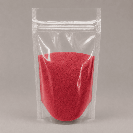 Pfirsich farbiges Pulver in durchsichtiger Plastik Verpackung