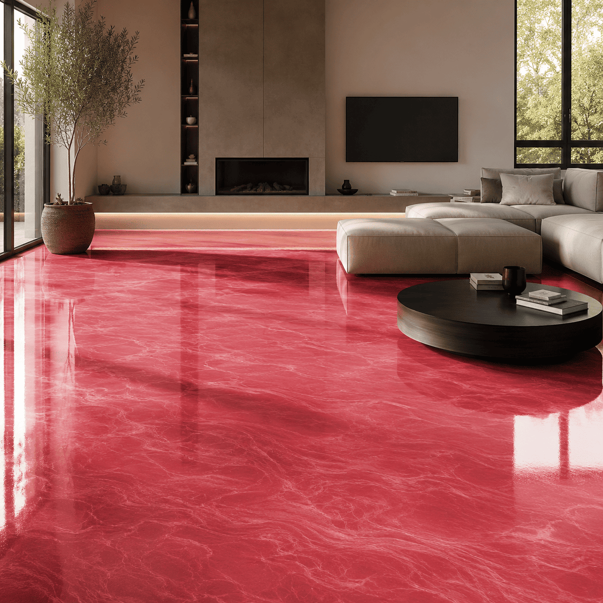 Peach-roter Metallic-Epoxidharz-Boden mit luxuriöser Marmorstruktur, brillantem Perleffekt, hochglänzender Oberfläche und beeindruckender Spiegelreflexion im modernen Wohnbereich.