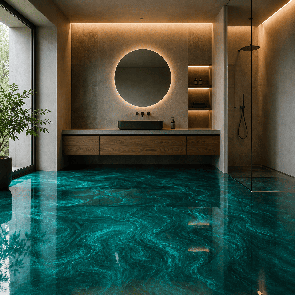 Pfaugrünes Badezimmer mit Dusche