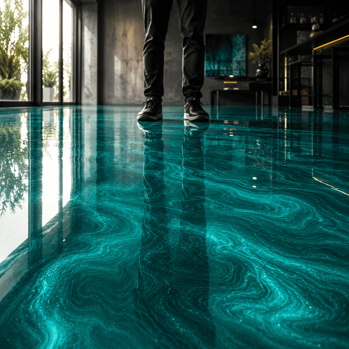 Pfauengrüner Metallic-Epoxidharz-Boden mit luxuriöser Marmorstruktur, intensivem Perleffekt, hochglänzender Oberfläche und beeindruckender Spiegelreflexion im modernen Innenraum.