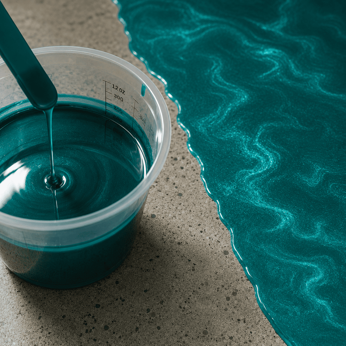 Pfauengrünes Metallic-Epoxidharz im Mischbecher neben einer frisch beschichteten Betonfläche mit intensivem Perleffekt, edlem Metallglanz und eleganter Marmorstruktur.