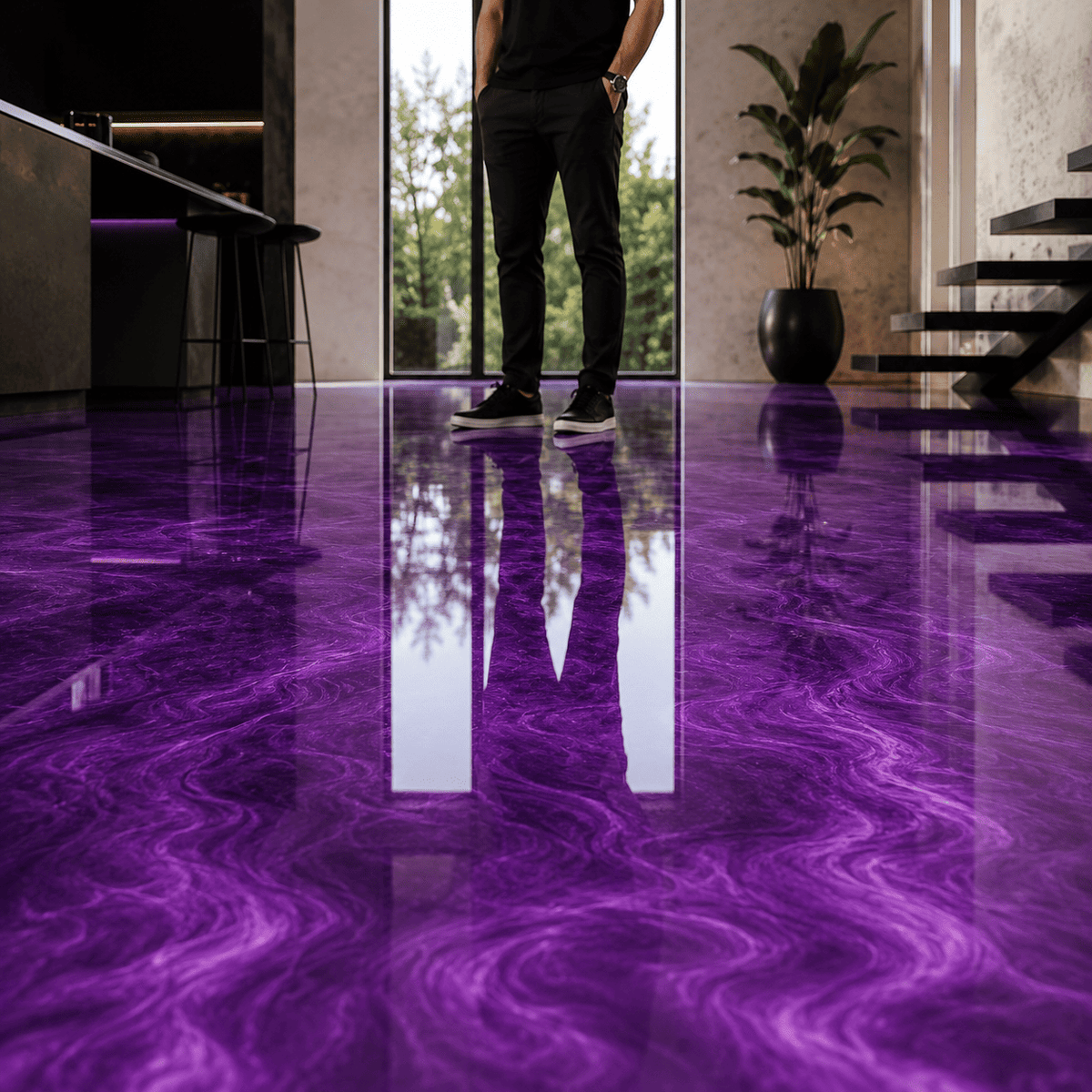 Royal Plum UV Metallic-Epoxidharz-Boden mit intensiver Pflaumenviolett-Optik, luxuriöser Marmorstruktur, brillantem Perleffekt, hochglänzender Oberfläche und beeindruckender Spiegelreflexion – präsentiert im modernen Innenraum mit außergewöhnlicher Tiefenwirkung.