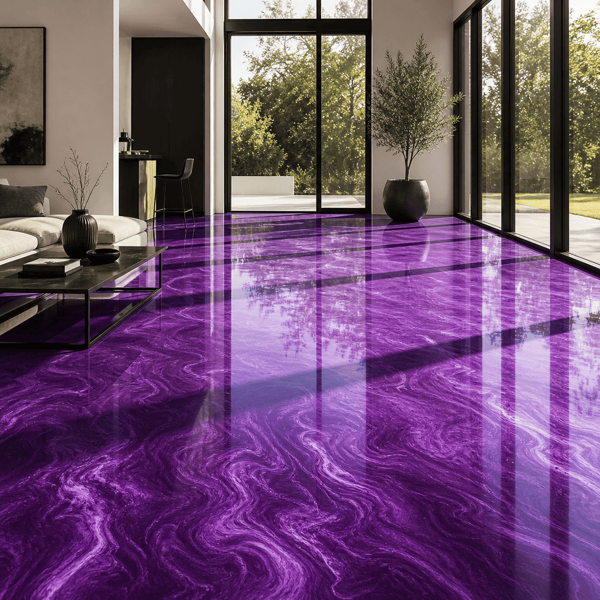 Royal Plum UV Metallic-Epoxidharz-Boden mit intensiver Pflaumenviolett-Optik, luxuriöser Marmorstruktur, brillantem Perleffekt, hochglänzender Oberfläche und beeindruckender Spiegelreflexion im exklusiven modernen Wohnbereich.