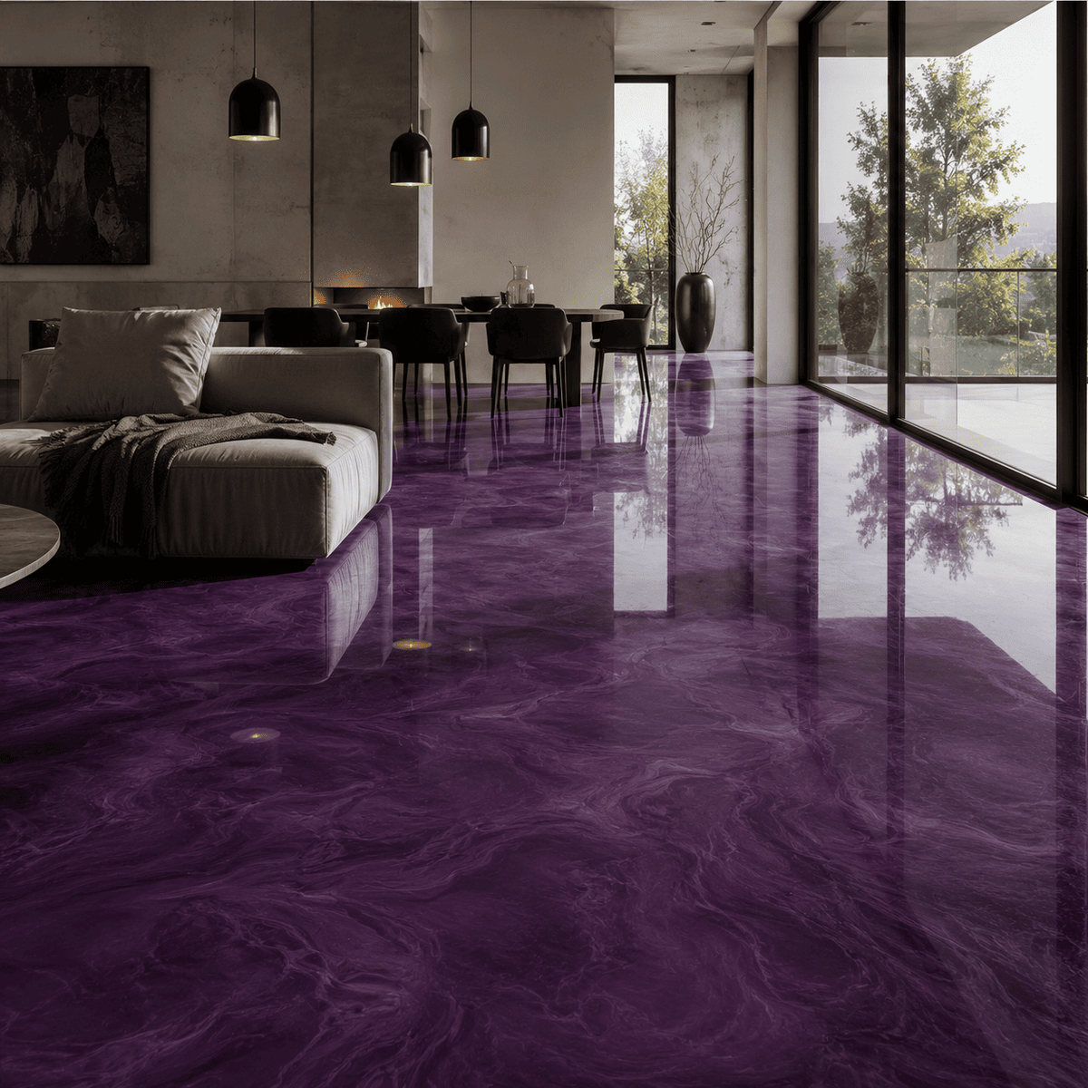 Royal Plum UV Metallic-Epoxidharz-Boden mit intensiver Pflaumenviolett-Optik, luxuriöser Marmorstruktur, brillantem Perleffekt, hochglänzender Oberfläche und beeindruckender Spiegelreflexion im exklusiven modernen Wohnbereich.