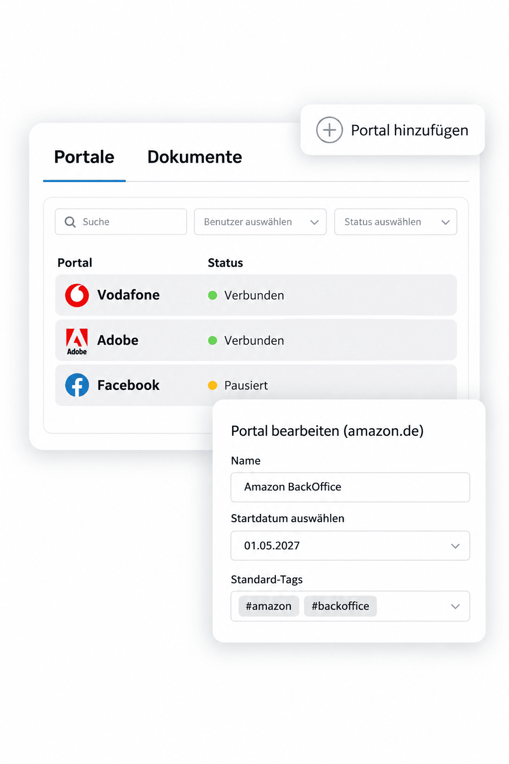 GetMyInvoices Portalverwaltung mit verbundenen Online-Portalen, Statusübersicht und Einstellungen für den automatischen Rechnungsimport.