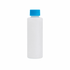 Kleine weiße Kunststoff-Flasche mit blauem Deckel auf weißem Hintergrund