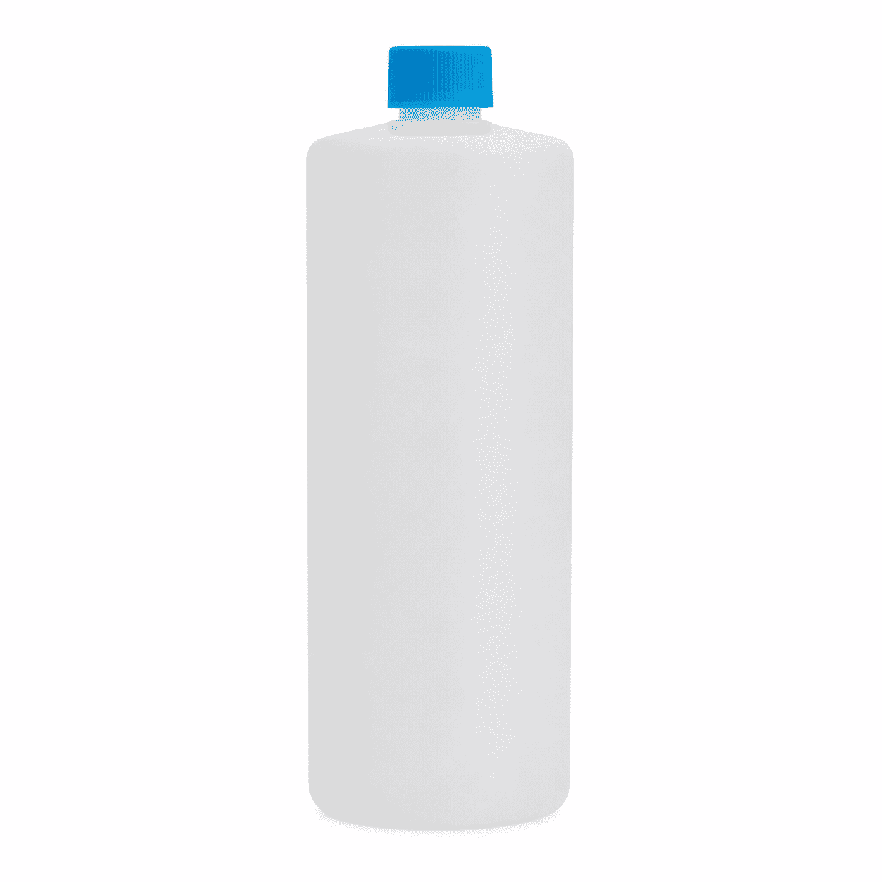 Große weiße Kunststoff-Flasche mit blauem Deckel auf weißem Hintergrund