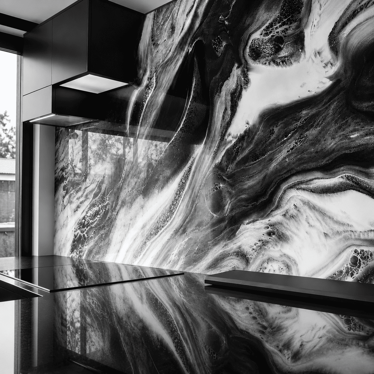 Schwarz-weiße Epoxidharz-Rückwand in Marmoroptik mit fließenden Metallic-Effekten als fugenloses Design-Highlight in einer modernen Küche.