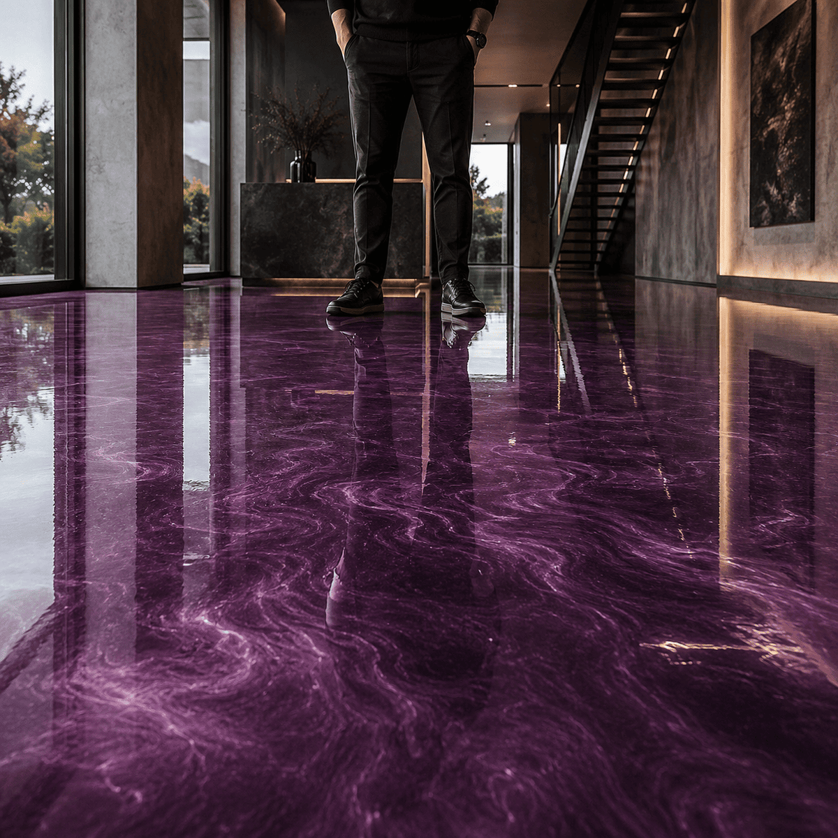 Purple Rain UV Metallic-Epoxidharz-Boden mit luxuriöser Marmorstruktur, intensivem Perleffekt, hochglänzender Oberfläche und markanter Spiegelreflexion im exklusiven modernen Innenraum.
