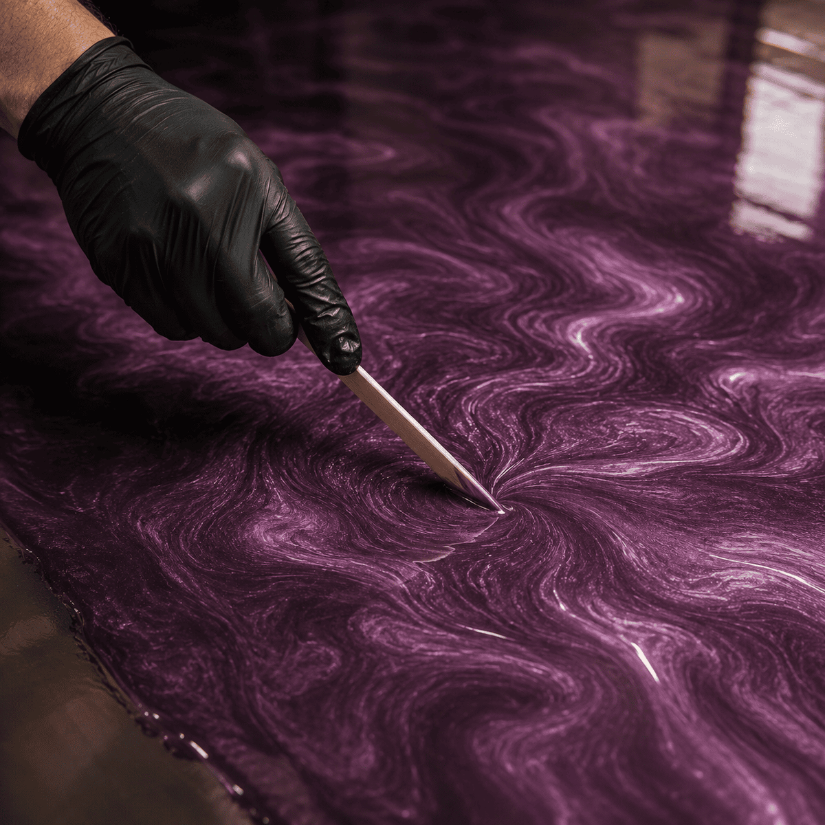 Purple Rain UV Metallic-Epoxidharz wird mit einem Holzspatel zu einer luxuriösen Marmorstruktur mit intensivem Perleffekt, brillantem Schimmer und faszinierender Tiefenwirkung gestaltet.