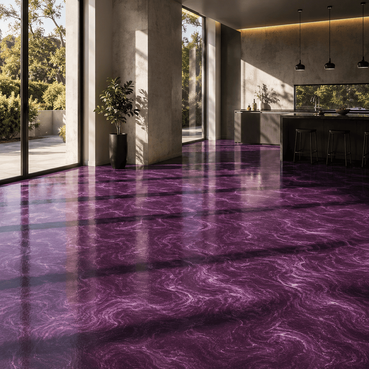 Purple Rain UV Metallic-Epoxidharz-Boden mit luxuriöser Marmorstruktur, intensivem Perleffekt, hochglänzender Oberfläche und beeindruckender Spiegelreflexion im modernen Wohnbereich.