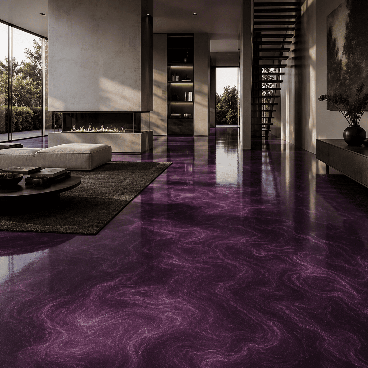 Purple Rain UV Metallic-Epoxidharz-Boden mit luxuriöser Marmorstruktur, intensivem Perleffekt, hochglänzender Oberfläche und beeindruckender Spiegelreflexion im exklusiven modernen Wohnbereich.