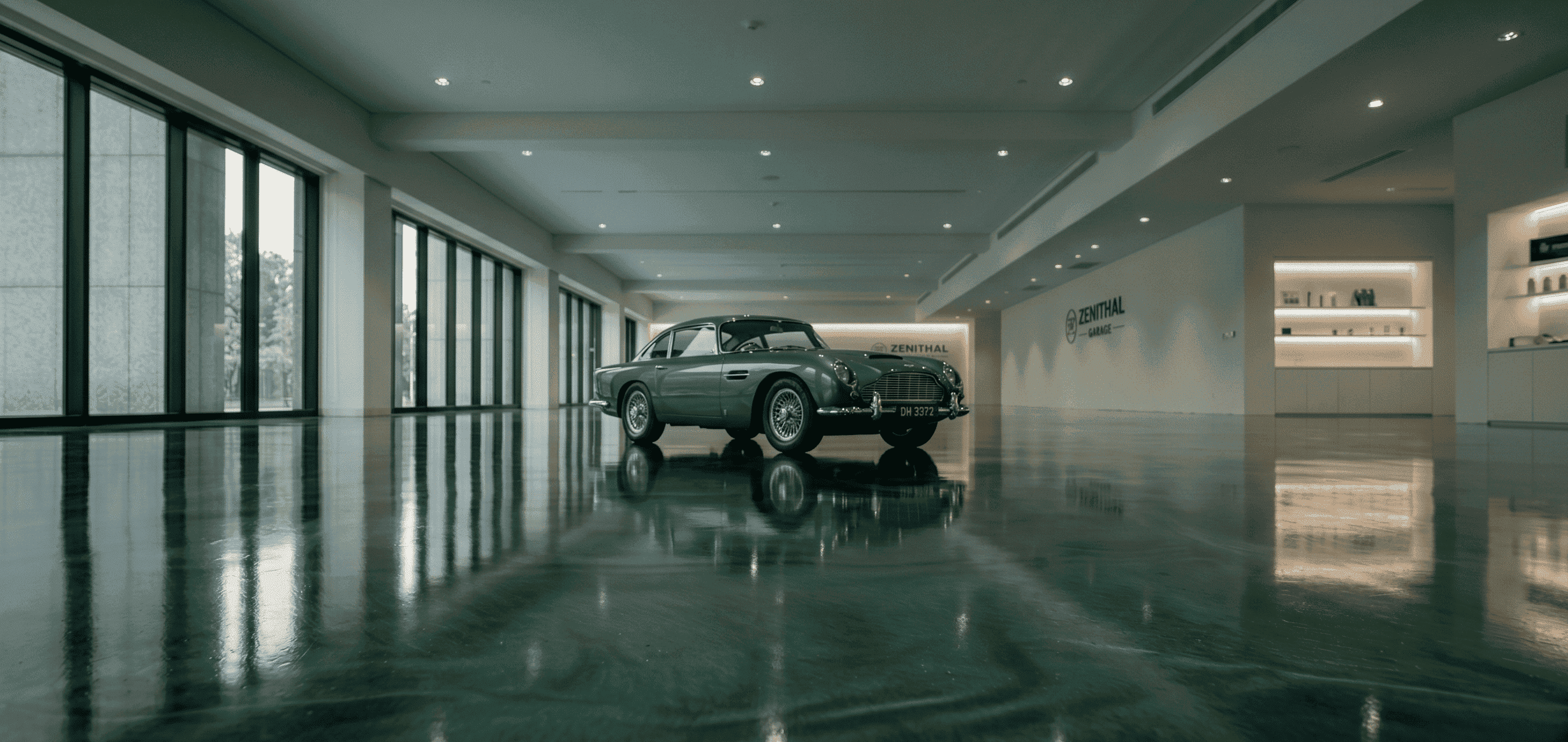 Grüner Metallic-Epoxidharz-Boden mit Marmoreffekt in einer modernen Designgarage mit klassischem Sportwagen.