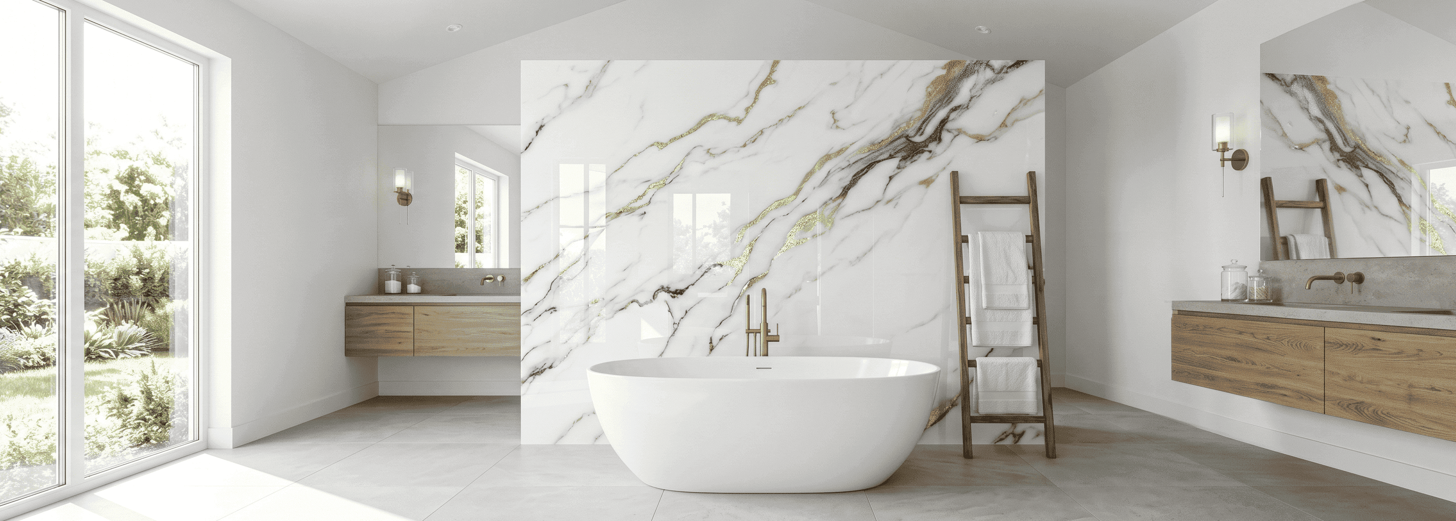 Fugenlose Epoxidharz-Wand in weißer Marmoroptik mit goldenen Adern als Design-Highlight in einem modernen Badezimmer.